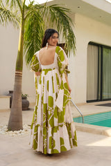 Green Patchwork Women’s Floral Print Kurti with Puff Sleeves & Flared Hem | Elegant Long Summer Dress