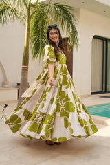Green Patchwork Women’s Floral Print Kurti with Puff Sleeves & Flared Hem | Elegant Long Summer Dress