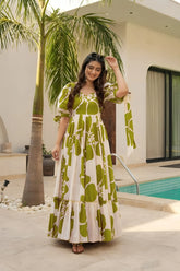 Green Patchwork Women’s Floral Print Kurti with Puff Sleeves & Flared Hem | Elegant Long Summer Dress