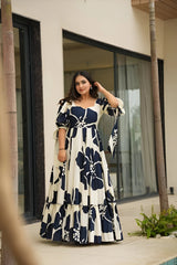 Navy Patchwork Women’s Floral Print Kurti with Puff Sleeves & Flared Hem | Elegant Long Summer Dress