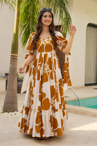 Orange Patchwork Women’s Floral Print Kurti with Puff Sleeves & Flared Hem | Elegant Long Summer Dress