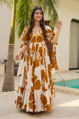 Orange Patchwork Women’s Floral Print Kurti with Puff Sleeves & Flared Hem | Elegant Long Summer Dress