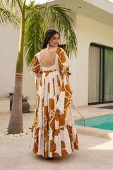 Orange Patchwork Women’s Floral Print Kurti with Puff Sleeves & Flared Hem | Elegant Long Summer Dress