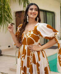 Orange Patchwork Women’s Floral Print Kurti with Puff Sleeves & Flared Hem | Elegant Long Summer Dress