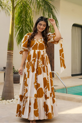 Orange Patchwork Women’s Floral Print Kurti with Puff Sleeves & Flared Hem | Elegant Long Summer Dress