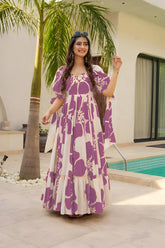 Purple Patchwork Women’s Floral Print Kurti with Puff Sleeves & Flared Hem | Elegant Long Summer Dress