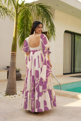 Purple Patchwork Women’s Floral Print Kurti with Puff Sleeves & Flared Hem | Elegant Long Summer Dress