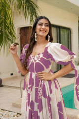 Purple Patchwork Women’s Floral Print Kurti with Puff Sleeves & Flared Hem | Elegant Long Summer Dress