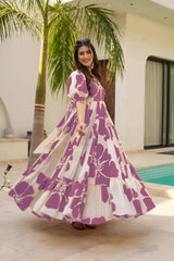 Purple Patchwork Women’s Floral Print Kurti with Puff Sleeves & Flared Hem | Elegant Long Summer Dress