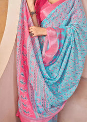 Aqua Blue Digital Print Pure Cotton Linen Saree With Matched Unstitched Blouse