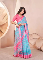 Aqua Blue Digital Print Pure Cotton Linen Saree With Matched Unstitched Blouse