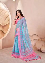 Aqua Blue Digital Print Pure Cotton Linen Saree With Matched Unstitched Blouse