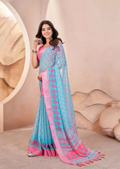 Aqua Blue Digital Print Pure Cotton Linen Saree With Matched Unstitched Blouse