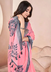 Blush Pink Digital Print Pure Cotton Linen Saree With Matched Unstitched Blouse