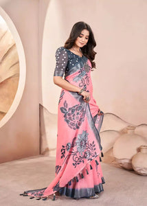 Blush Pink Digital Print Pure Cotton Linen Saree With Matched Unstitched Blouse