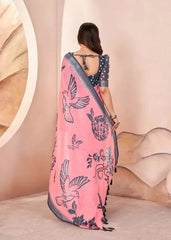 Blush Pink Digital Print Pure Cotton Linen Saree With Matched Unstitched Blouse