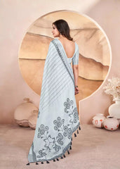 Grey Digital Print Pure Cotton Linen Saree With Matched Unstitched Blouse