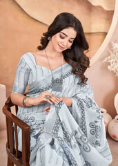 Grey Digital Print Pure Cotton Linen Saree With Matched Unstitched Blouse