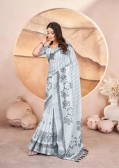 Grey Digital Print Pure Cotton Linen Saree With Matched Unstitched Blouse