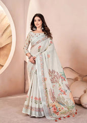 LIght Grey Digital Print Pure Cotton Linen Saree With Matched Unstitched Blouse
