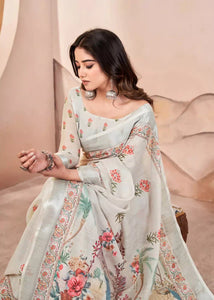 LIght Grey Digital Print Pure Cotton Linen Saree With Matched Unstitched Blouse
