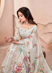 LIght Grey Digital Print Pure Cotton Linen Saree With Matched Unstitched Blouse