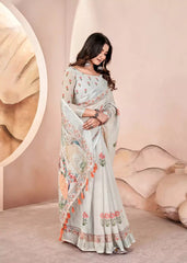 LIght Grey Digital Print Pure Cotton Linen Saree With Matched Unstitched Blouse