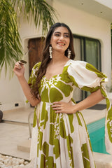 Green Patchwork Women’s Floral Print Kurti with Puff Sleeves & Flared Hem | Elegant Long Summer Dress