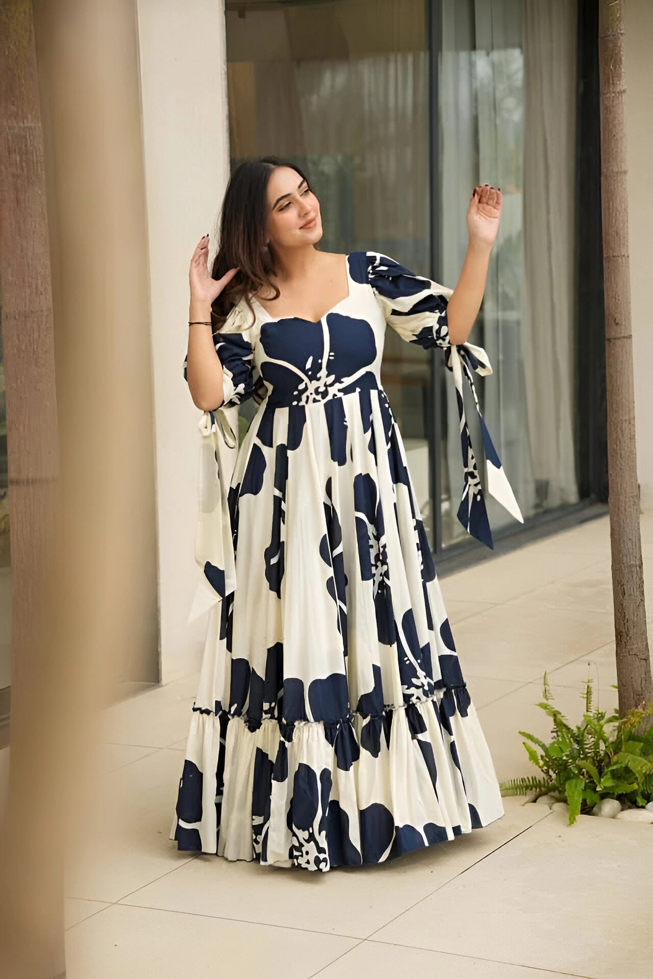 Navy Patchwork Women’s Floral Print Kurti with Puff Sleeves & Flared Hem | Elegant Long Summer Dress