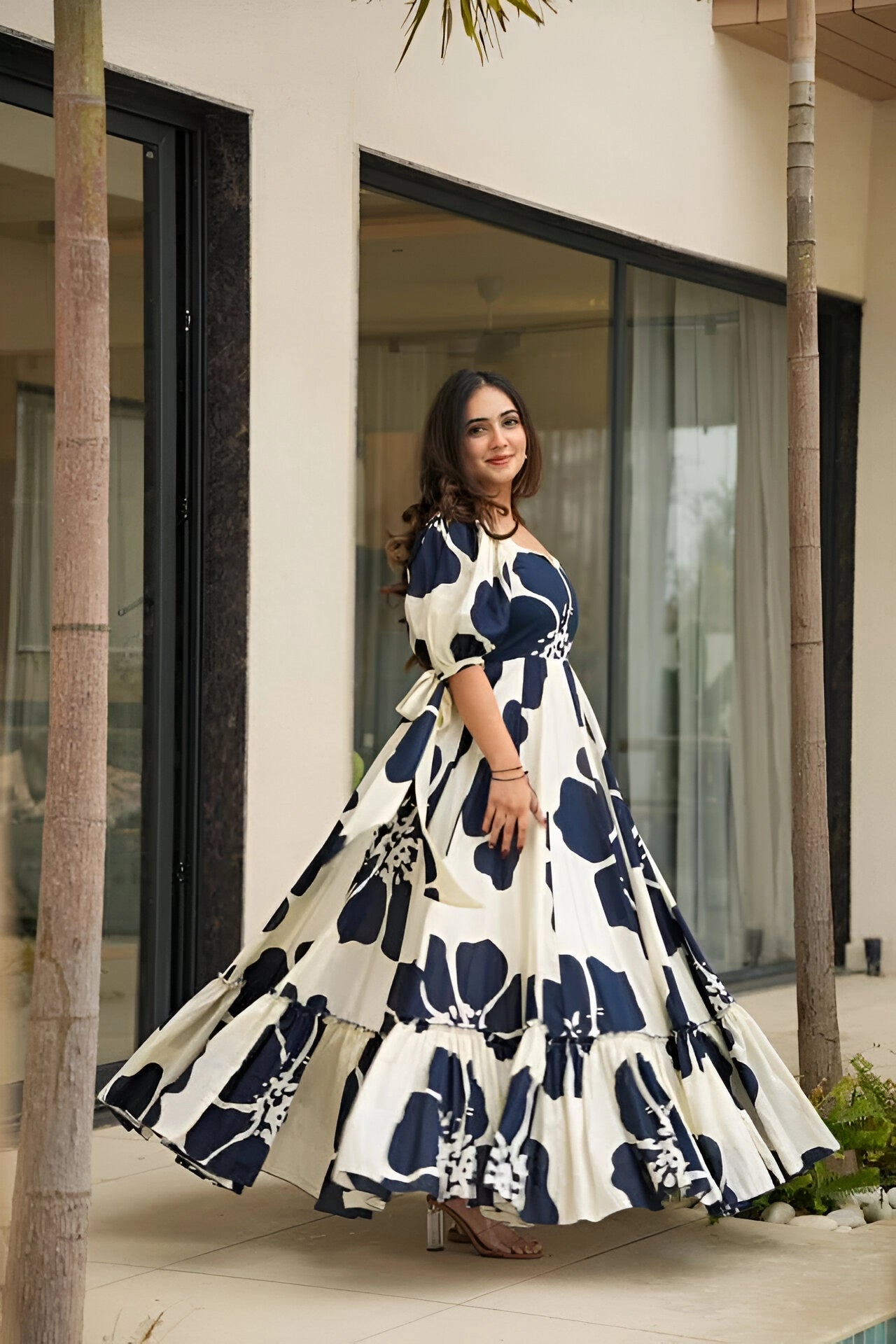 Navy Patchwork Women’s Floral Print Kurti with Puff Sleeves & Flared Hem | Elegant Long Summer Dress
