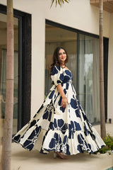 Navy Patchwork Women’s Floral Print Kurti with Puff Sleeves & Flared Hem | Elegant Long Summer Dress