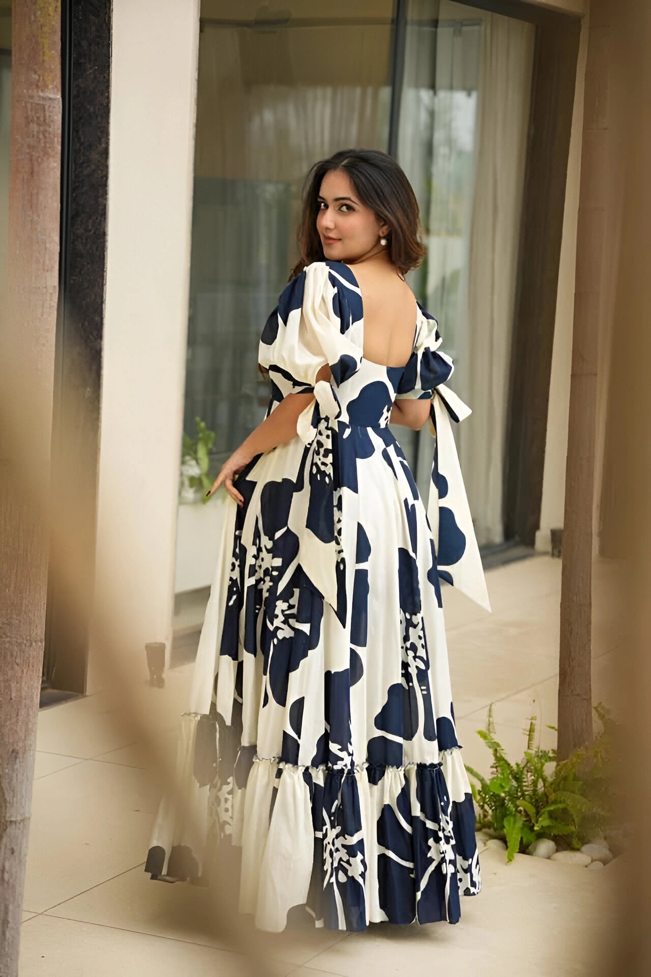 Navy Patchwork Women’s Floral Print Kurti with Puff Sleeves & Flared Hem | Elegant Long Summer Dress