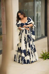 Navy Patchwork Women’s Floral Print Kurti with Puff Sleeves & Flared Hem | Elegant Long Summer Dress