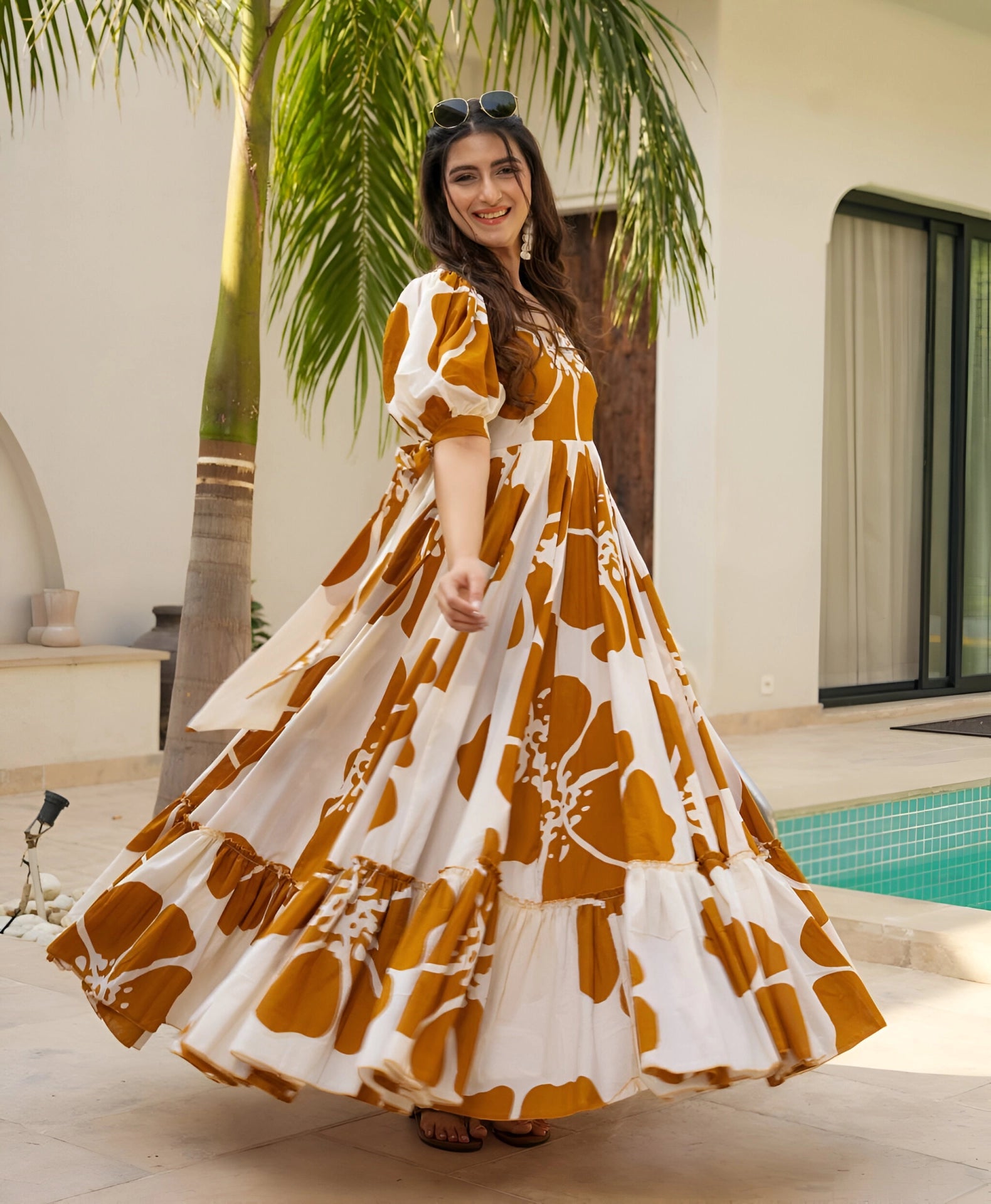 Orange Patchwork Women’s Floral Print Kurti with Puff Sleeves & Flared Hem | Elegant Long Summer Dress