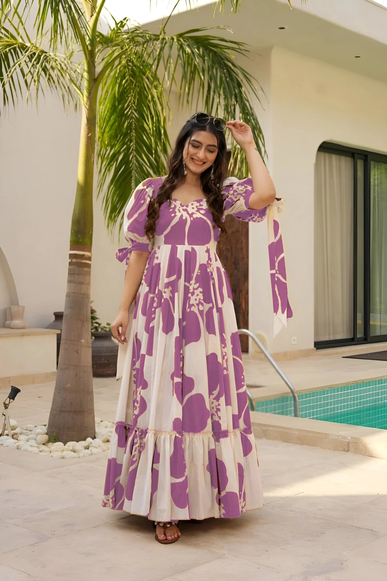 Purple Patchwork Women’s Floral Print Kurti with Puff Sleeves & Flared Hem | Elegant Long Summer Dress