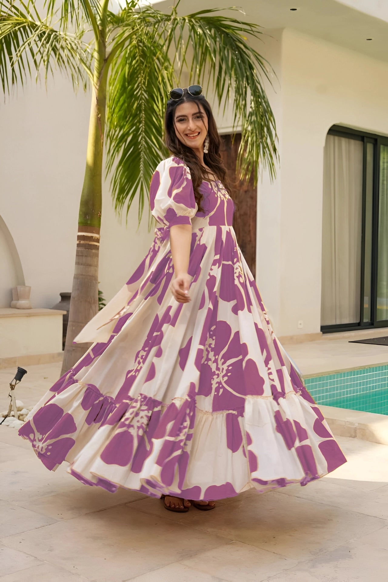 Purple Patchwork Women’s Floral Print Kurti with Puff Sleeves & Flared Hem | Elegant Long Summer Dress