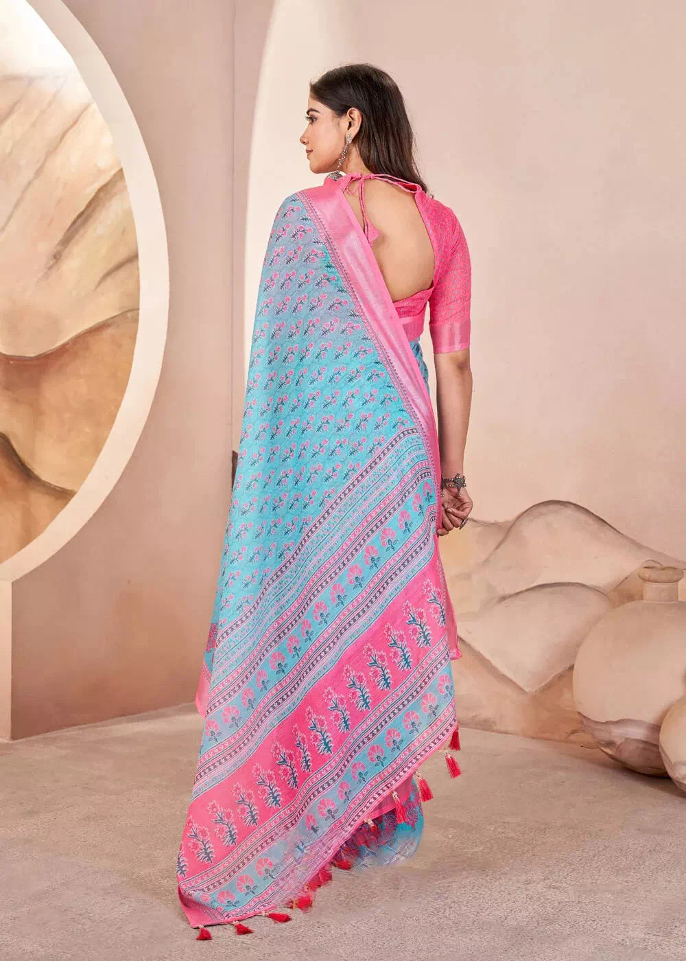 Aqua Blue Digital Print Pure Cotton Linen Saree With Matched Unstitched Blouse