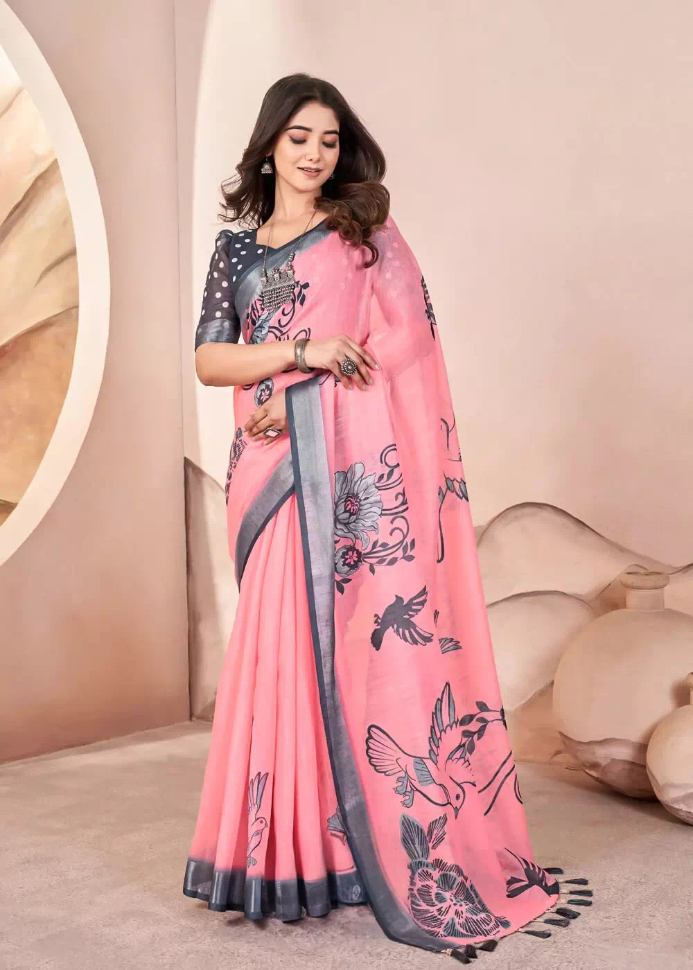 Blush Pink Digital Print Pure Cotton Linen Saree With Matched Unstitched Blouse