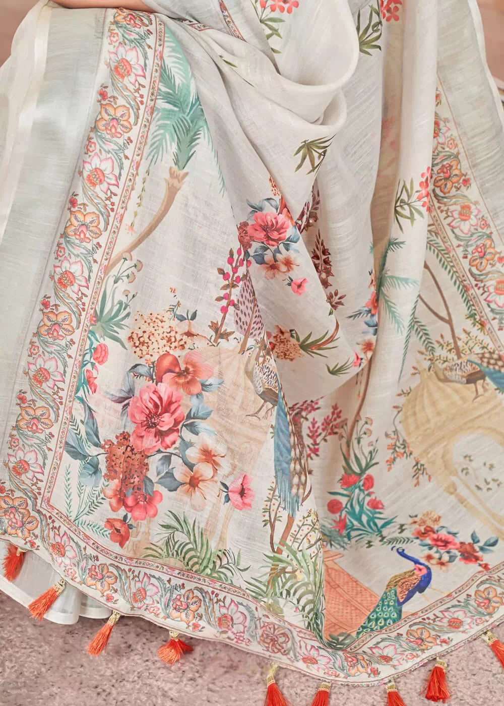 LIght Grey Digital Print Pure Cotton Linen Saree With Matched Unstitched Blouse