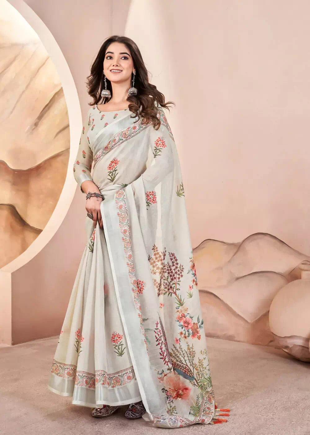 LIght Grey Digital Print Pure Cotton Linen Saree With Matched Unstitched Blouse