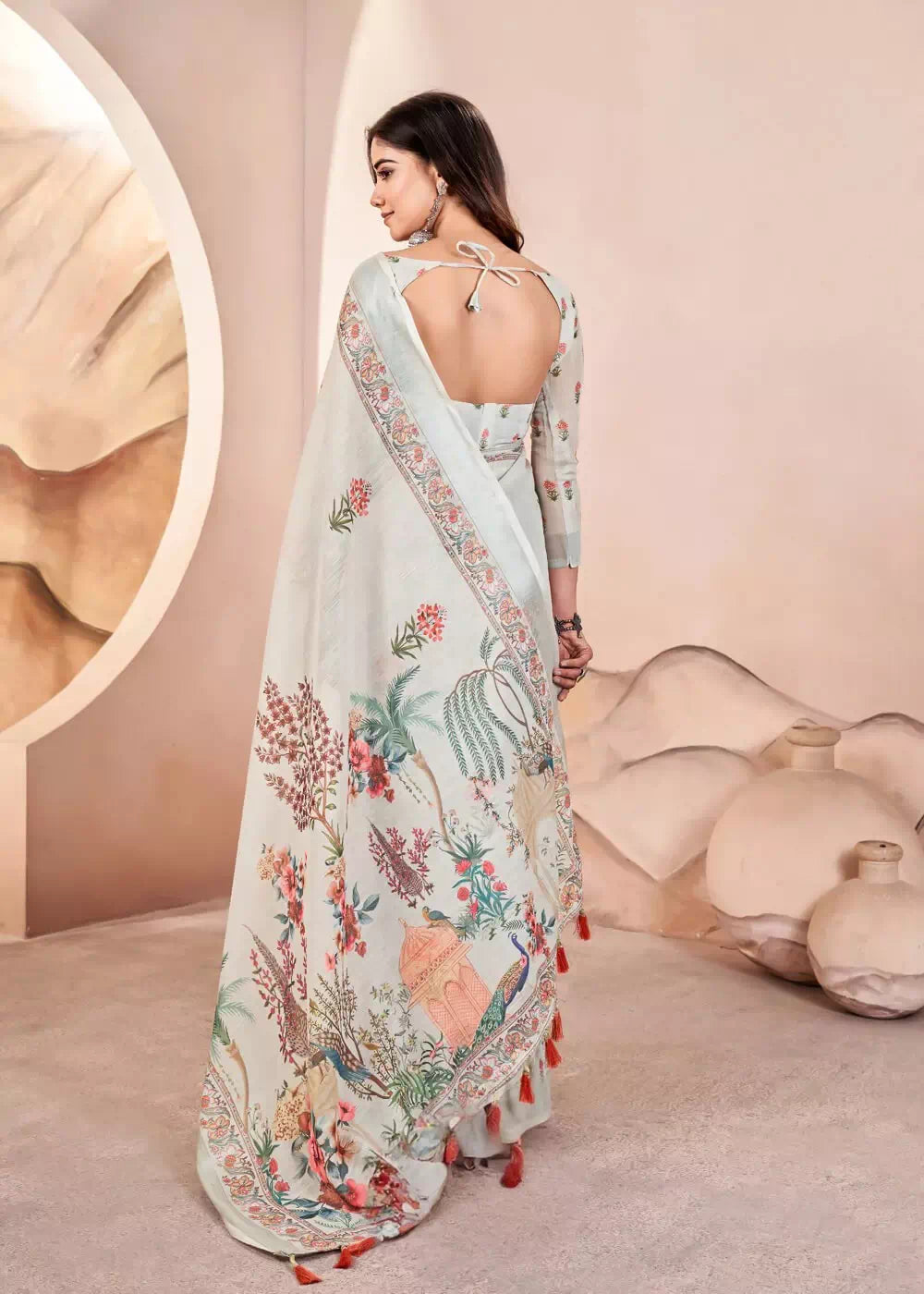 LIght Grey Digital Print Pure Cotton Linen Saree With Matched Unstitched Blouse